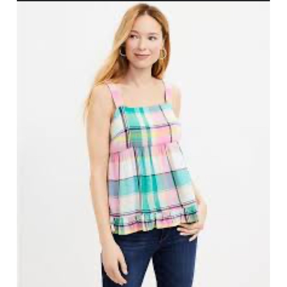 Loft Plaid 8P ruffle tank bow babydoll top madra plaid cottage square‎ neck prep